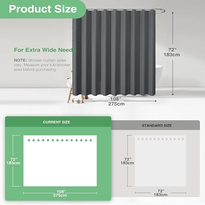 Dynamene Extra Wide Shower Curtain-108 Inch Wide Waffle Weave Weighted Thick Cloth Bathroom Shower Curtain, Neutral Heavy Duty Hotel Bath Curtain Set with 18 Plastic Hooks,108x72, Charcoal Grey