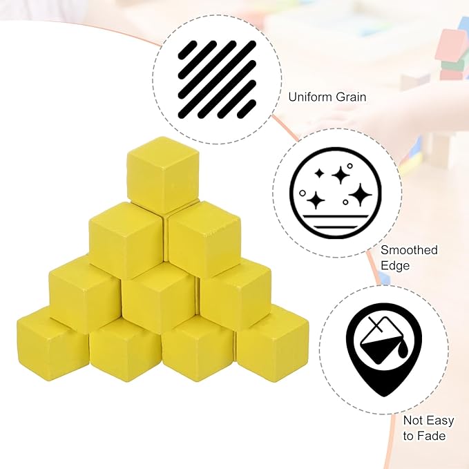 50-Pack DIY Wooden Cube, 0.6 Inch(1.5 Cm) Colored Natural Wood Blocks for Crafts Making Puzzle Games/Wedding/Home Decor/Dice/Building, Square Blank Block [Yellow]