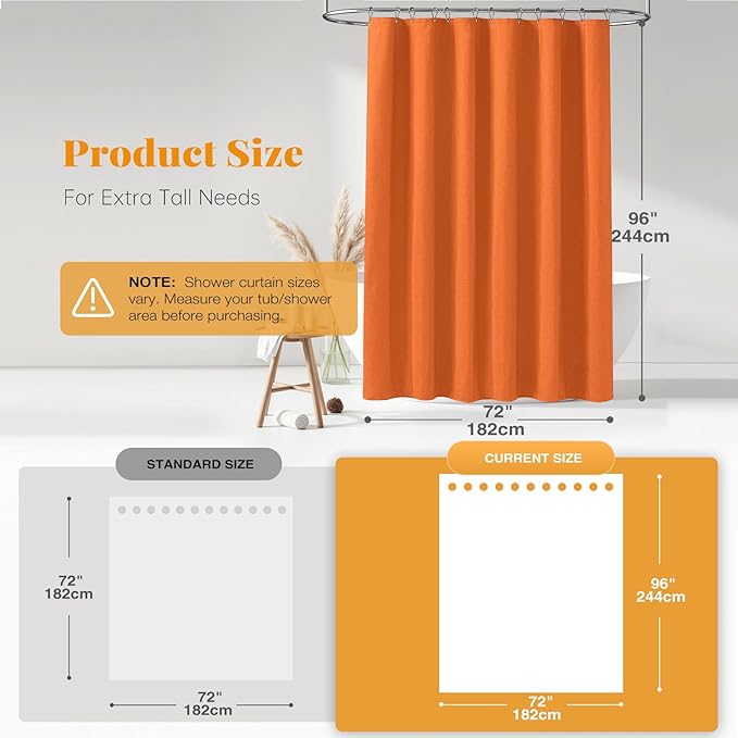 BTTN Extra Long Shower Curtain - 72x96 Inch Long Linen Textured Heavy Duty Fabric Shower Curtain Set with 12 Plastic Hooks, Tall Decorative Neutral Waterproof Shower Curtains for Bathroom, Orange