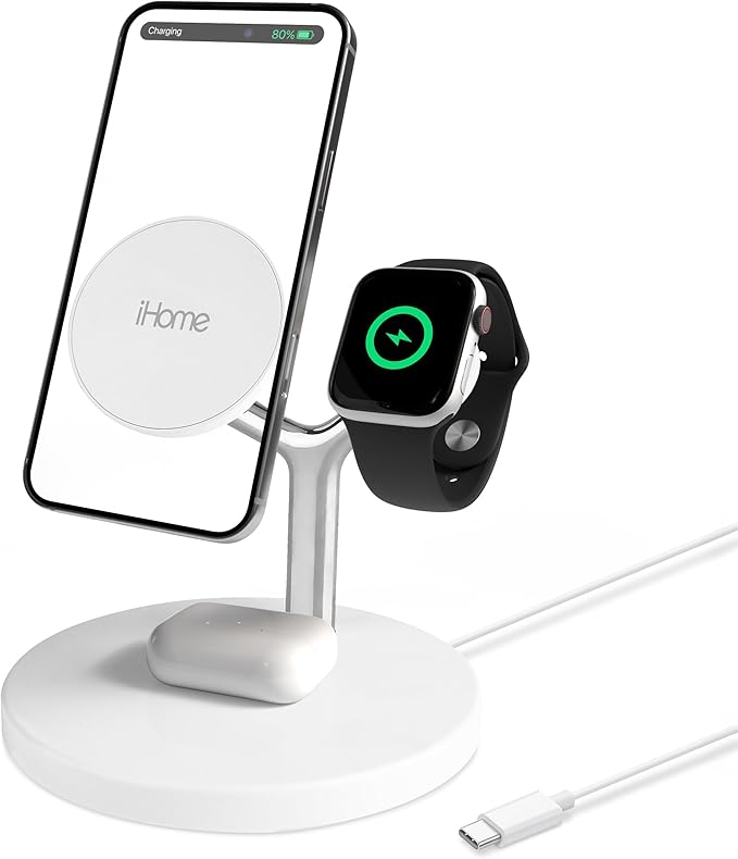 iHome Magnetic Charging Stand, 15W Wireless Charger for iPhone, Apple Watch & AirPods (4-in-1)