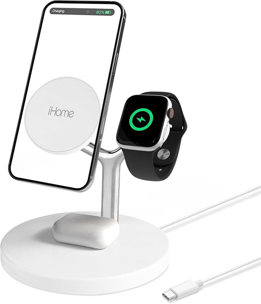 iHome Magnetic Charging Stand, 15W Wireless Charger for iPhone, Apple Watch & AirPods (4-in-1)