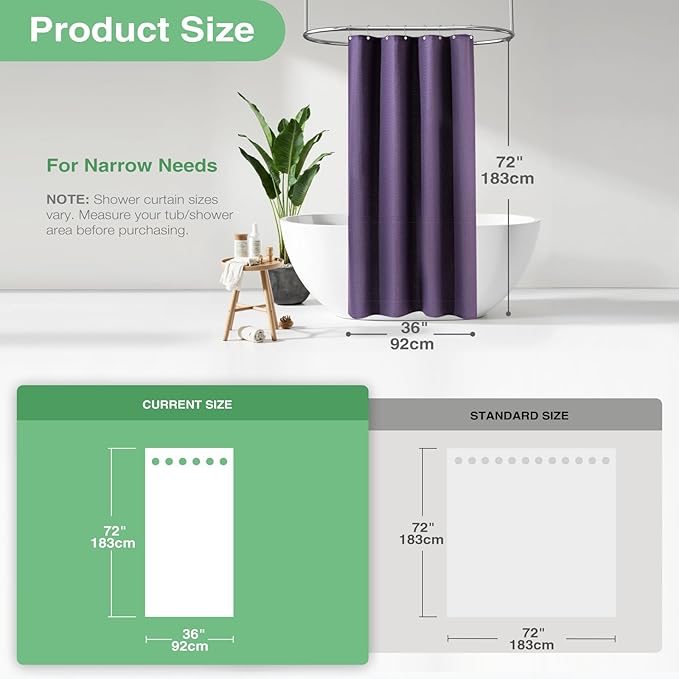 Dynamene Stall Fabric Shower Curtain - 36x72 Waffle Weave Weighted Cloth Shower Curtains for Bathroom, Neutral Heavy Duty Hotel Spa Luxury Bath Curtain Set with 6 Plastic Hooks,Purple