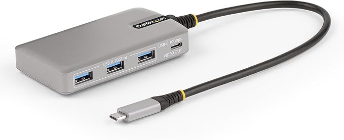 StarTech.com 4-Port USB-C Hub with USB-C DP Alt Mode Video Output 4K 60Hz - 3x USB-A, 1x USB Type-C, 100W Power Delivery Pass-Through, USB 3.2 10Gbps, 1ft/30cm Cable, Portable USB Hub (HB31C3A1CDPPD3)