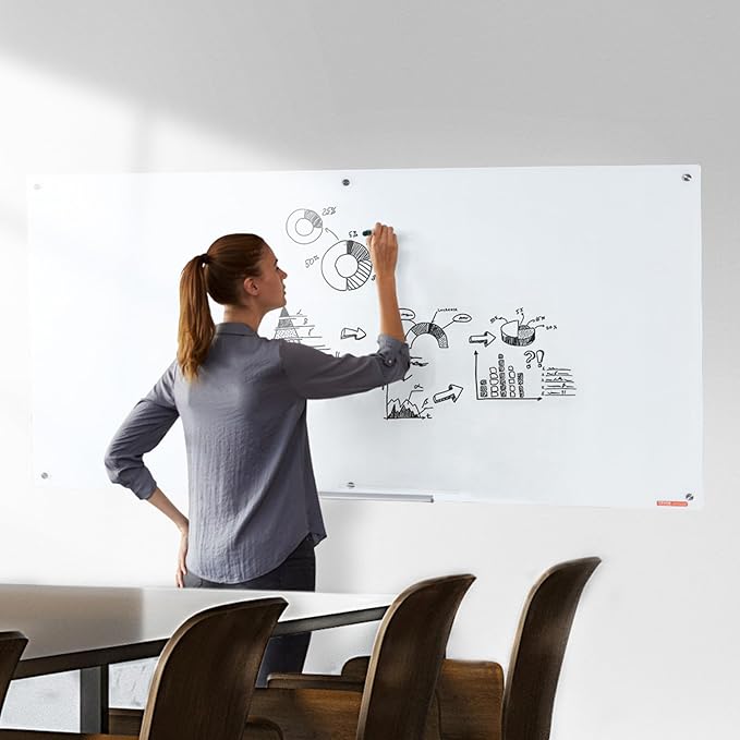 VEVOR Magnetic Glass Writing Board, Erasable 72"x36" Surface, Frameless Wall Installation, Includes Marker Holder, a Cleaning Tool, and 2 Writing Pens, White