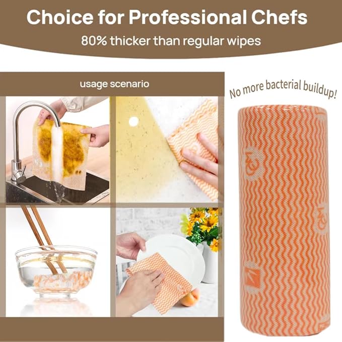 Lazy Cleaning Cloths, Disposable Microfiber Cloths, Reusable Dish Rags, Dry/Wet Use for Dishware, Countertops, Stove, Camping, RVs, Tearable Roll Design (55 Sheets, 9.45"x11.81",Orange)