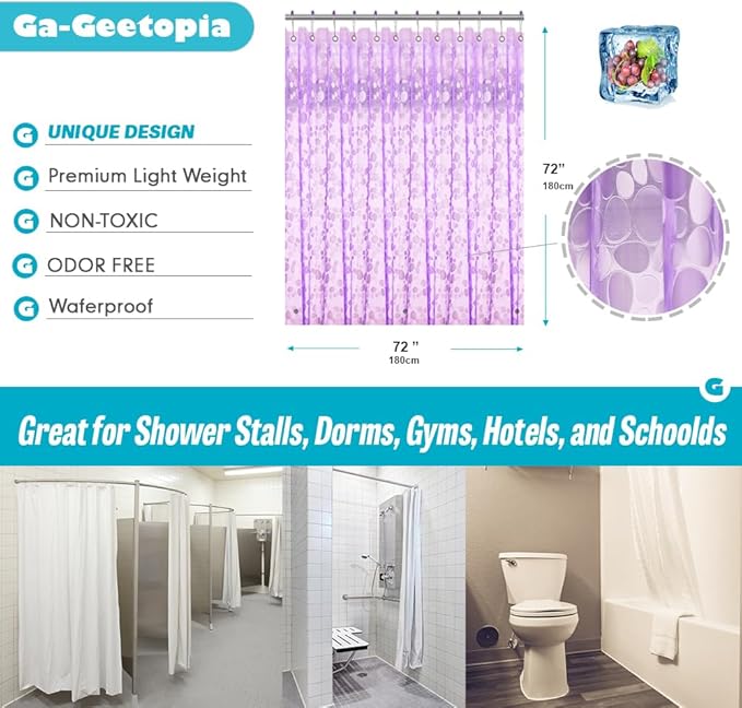 Ga-Geetopia EVA Purple Thin Shower Curtain Liner, Pebble Pattern 72x72 Inch Lightweight Plastic Bathroom Shower Showroom Inner Curtain with Rustproof Metal Grommets and Weighted Magnets(No Hooks)