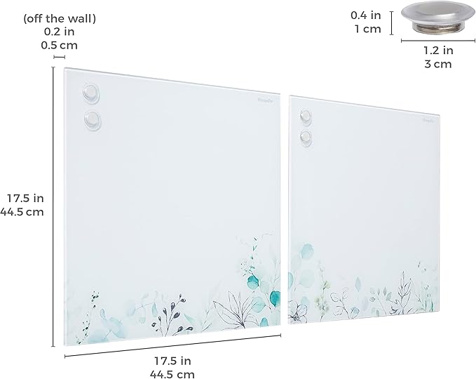 ECR4KIDS MessageStor Magnetic Dry-Erase Glass Board with Magnets, 17.5in x 17.5in, Wall-Mounted Whiteboard, Botanical, 2-Pack