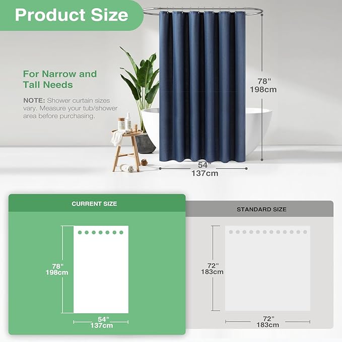 Dynamene Stall Fabric Shower Curtain - 54x78 inch Long Waffle Weave Weighted Thick Cloth Shower Curtains for Bathroom,Neutral Heavy Duty Hotel Spa Luxury Bath Curtain Set with 10 Hooks, Navy Blue