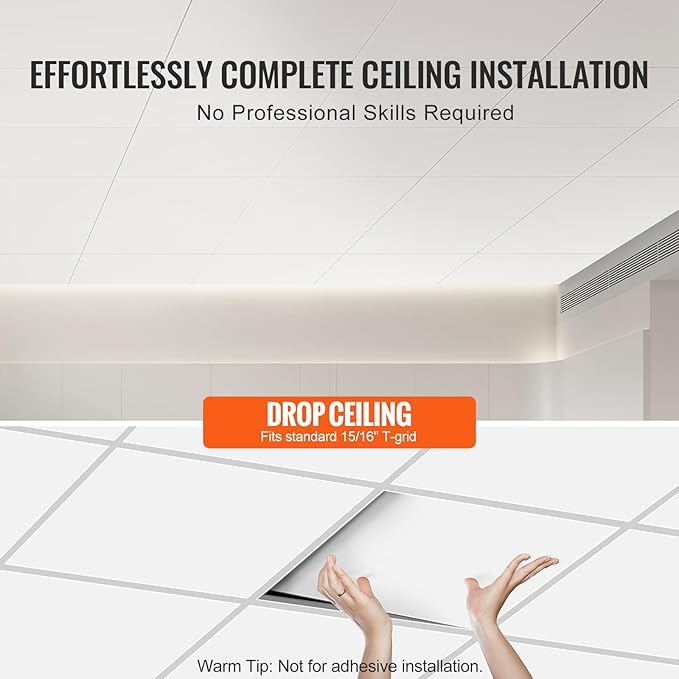 VEVOR 12-Pack 24 x 24 in Drop Ceiling Tiles - Premium PVC Foam Sheet, Fire-Rated & Flexible, Easy Installation, Home/Office Decoration, Smooth White