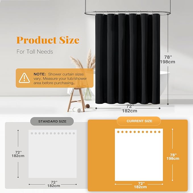BTTN 78 Inch Long Shower Curtain, Linen Textured Weighted Polyester Fabric Shower Curtain Set with 12 Plastic Hooks, Machine Washable, Hotel Spa Luxury Neutral Bath Curtains for Bathroom, 72x78, Black