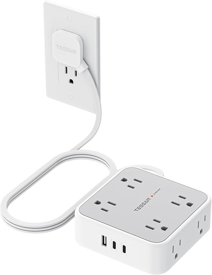 Surge Protector Power Strip, TESSAN Flat Plug Extension Cord with Multiple Outlets, 8 AC Outlets, 3 USB Ports(2 USB C), 5 Ft, 900 Joules Protection, 3-Sided Charging Station for Home Office Dorm Room