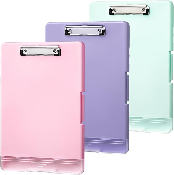 Clipboard with Storage, 8.5 x 11 Nurses Clip Board with Pen Holder and Organization Box, 3 Pack Side-Opening Plastic Clipbboards Storage for Teachers, Office, Kids (Purple, Pink, Green)