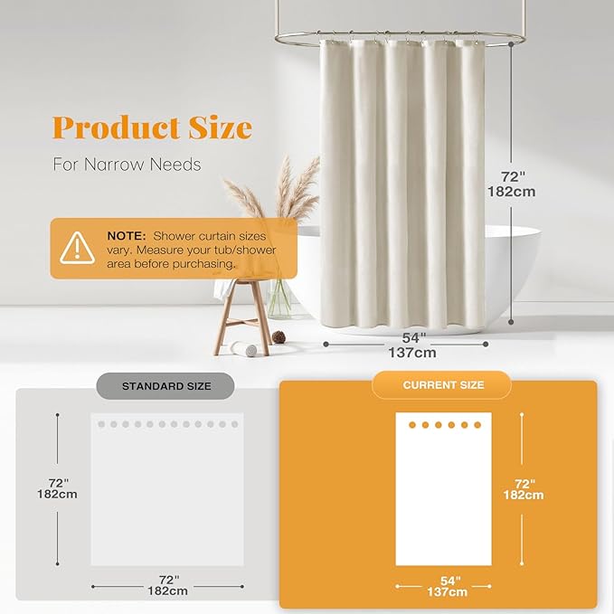 BTTN Stall Fabric Shower Curtain - 54x72 Inch Long Linen Textured Heavy Duty Shower Curtain Set with 10 Plastic Hooks, Hotel Spa Weighted Waterproof Neutral Bath Curtains for Bathroom - Light Cream