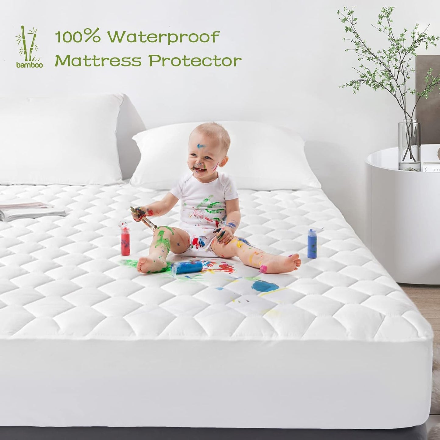 GRT Twin XL Mattress Protector Waterproof, Rayon from Bamboo, Cooling Quilted Fitted Mattress Pad, Noiseless Waterproof Mattress Cover, fits up to 18" Deep, Dust Proof White