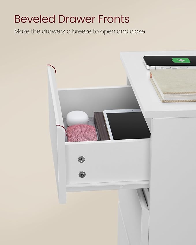 VASAGLE Nightstands with Charging Station, Set of 2, AC Outlets and USB Ports, Bedside Tables, Side Tables with 3 Drawers, Modern Style, 13.8 x 15.7 x 23.2 Inches, Cloud White ULET731W16
