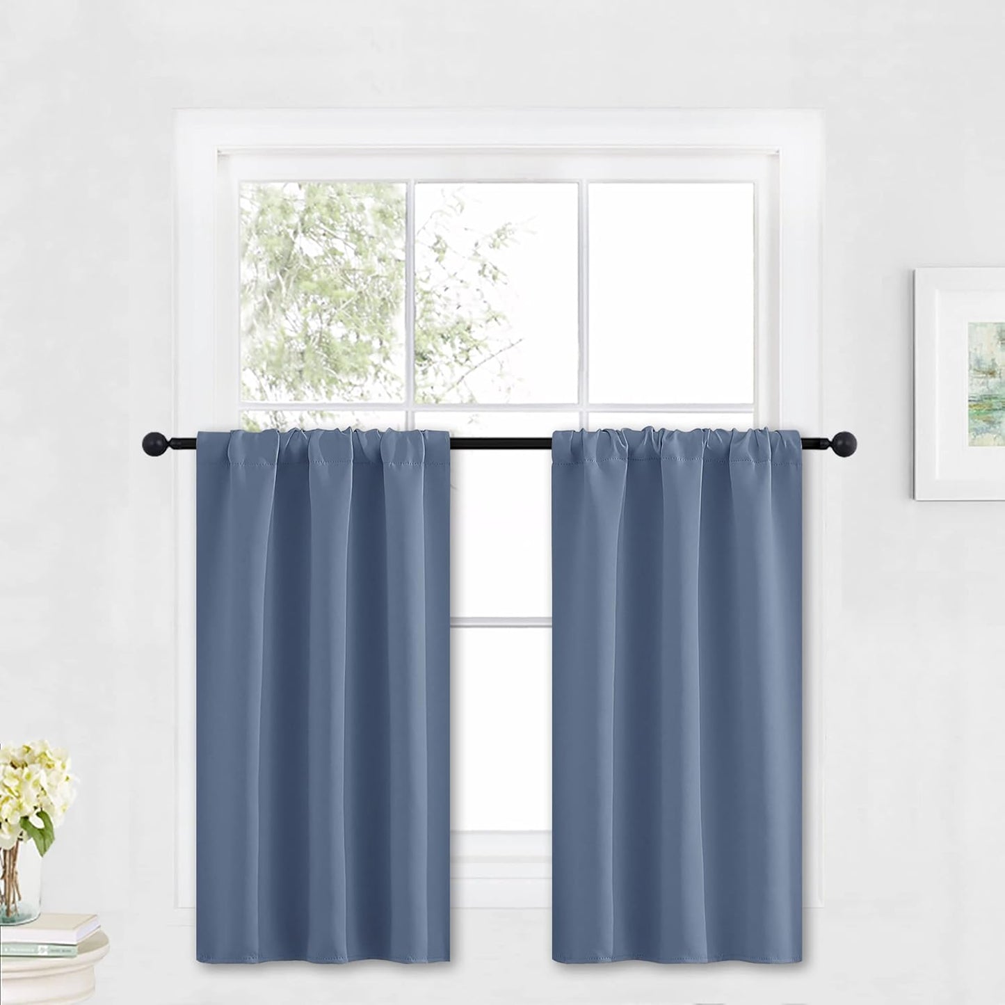 RYB HOME Bathroom Window Curtains - Super Soft Blackout Privacy Curtains for Baby Nursery Bedroom Basement Garege Workshop Kitchen Dining Living Room, W 29 x L 30, Stone Blue, 2 Pcs