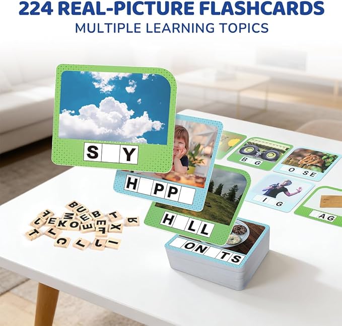 BenBen Spelling Games, 224 Flashcards, 208 Wood Letter Tiles, 1-4 Players, Learning Games for Kids 4-8, Educational Toys for Kindergarten 1st 2nd Grade, Preschool Classroom Must Haves