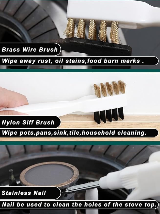 Kitchen Cleaning Scrub Brush - Deep Gas Stove Brass Wire Brushes with Stiff Bristles & Cooktop Scraper, Scrubber for Range Hood Grease Grime, Rust Cleaner for Pot Pan, Household Cleaning Tools