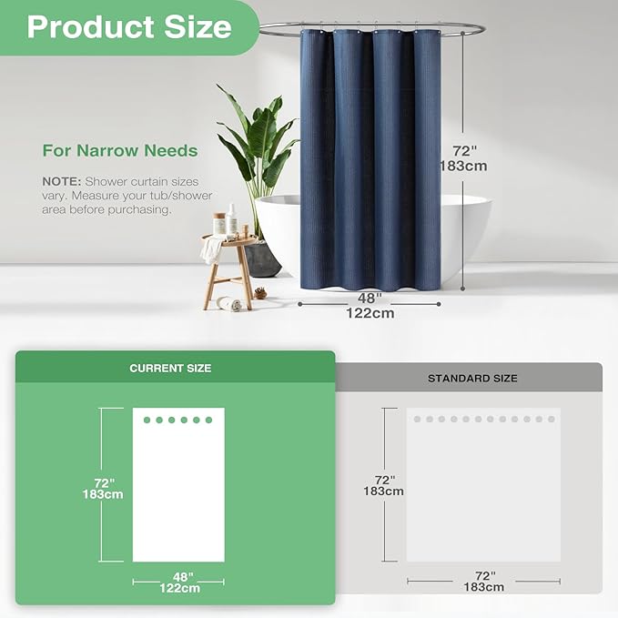 Dynamene Stall Fabric Shower Curtain - 48 inch Wide Waffle Weave Weighted Thick Cloth Shower Curtain for Bathroom, Neutral Heavy Duty Hotel Spa Luxury Bath Curtain Set with 8 Hook, 48x72, Navy Blue