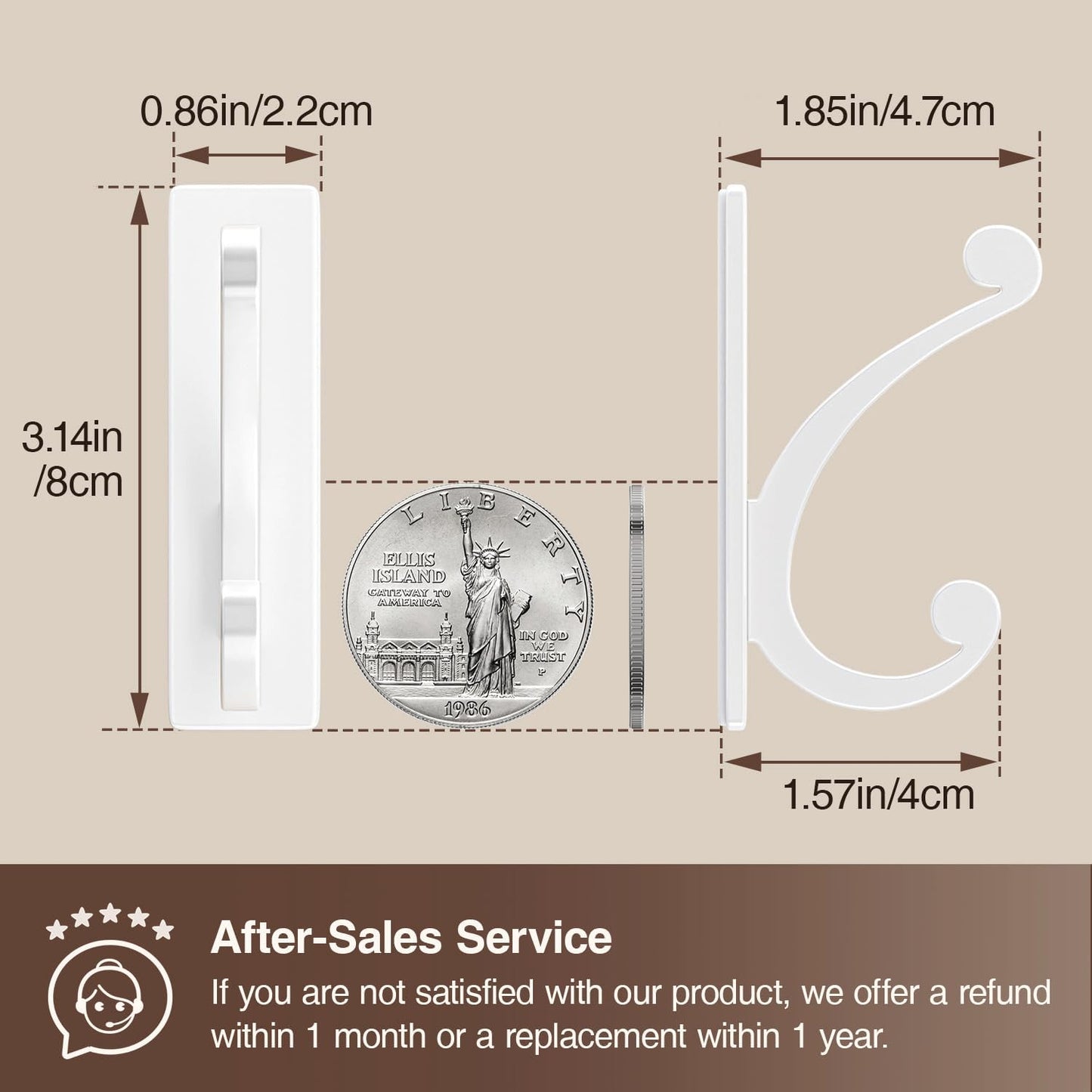 Adhesive Wall Hook for Towel/Coat - Extra Sticky 10LB Stainless, Stick on Hanger for Bath or Shower, White 8-Pack