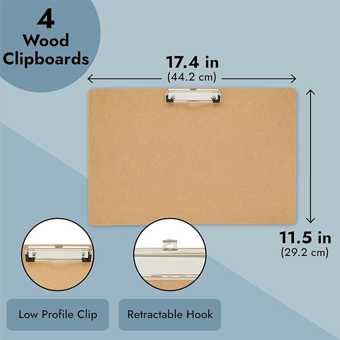 Juvale Clipboard - 11.5 x 17.4 in, Brown MDF, 4-Pack - Wood Clipboard Set with Low-Profile Metal Clip & Retractable Hook - Oversized & Portable for Drafting Board & Sketch Board Use