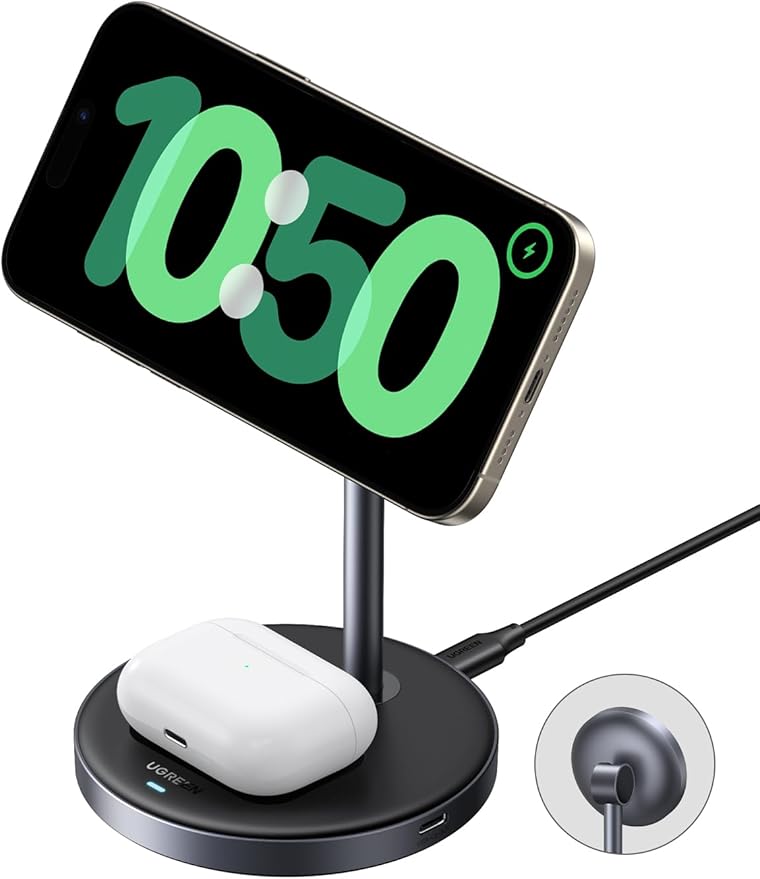 UGREEN Qi2 Certified 15W 2-in-1 Magnetic Wireless Charging Stand, Fast Charging Station for iPhone 17 16 15 14 13 12 Series and AirPods, MagSafe-Compatible Wireless Charger with 3 FT USB-C Cable