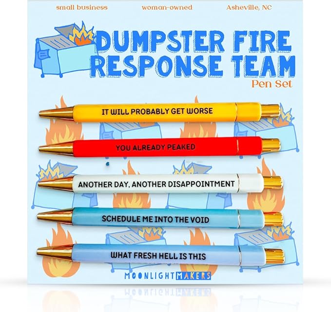 Moonlight Makers Funny Pens and Notepad Stationery Set - 5 Dumpster Fire Response Team Engraved Ballpoint Pens with Black Ink, Fires To Put Out Notepad, Cute Desk Supplies, Funny Work Gifts for Women