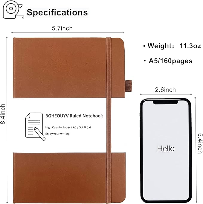 Notebook Journal, College Ruled Notebook Lined A5 160 Pages,Hard Cover Journals for Writing, Notebooks for Work Office School Women Men,5.7 inches x 8.4 inches(Brown)