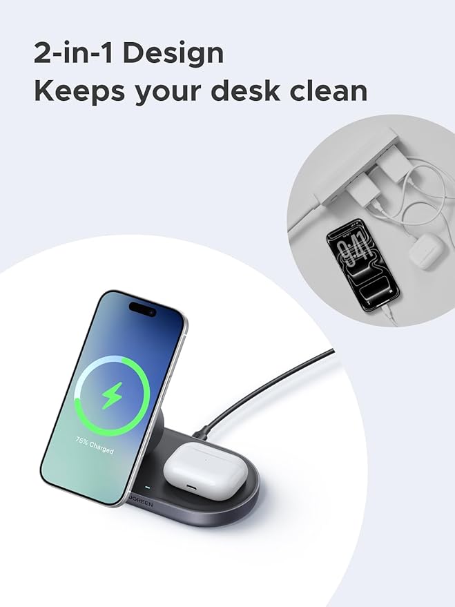 UGREEN Qi2 15W Wireless Charger 2-in-1, MagSafe Compatible Fast Charging Stand for iPhone 17 16 15 14 13 12 Series and AirPods, Fixed Viewing Angle, Compact Desktop Charging Station
