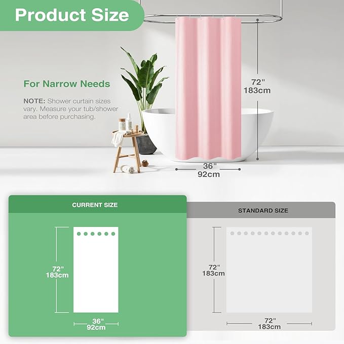 Dynamene Stall Fabric Shower Curtain - 36x72 Waffle Weave Weighted Cloth Shower Curtains for Bathroom, Neutral Heavy Duty Hotel Spa Luxury Bath Curtain Set with 6 Plastic Hooks, Pink
