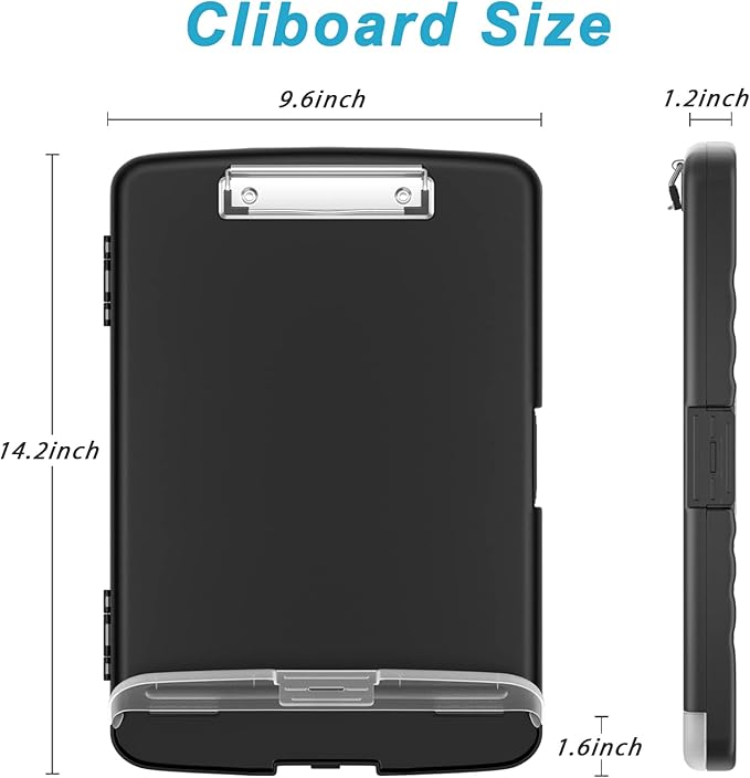 Rimilak Plastic Clipboard with Storage, 8.5 x 11 High Capacity Folio Nursing Case with Pen Holder, Size 14.2 x 9.6 x 1.2″ Folder Side-Opening for Classroom, Teacher, Student, Smooth Writing, Black