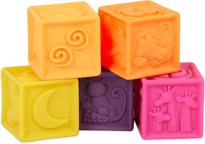 B. toys – Baby Blocks – Stacking & Building Toys for Babies – 10 Soft & Educational Blocks – Numbers, Shapes, Colors, Animals – One Two Squeeze – 6+ Months