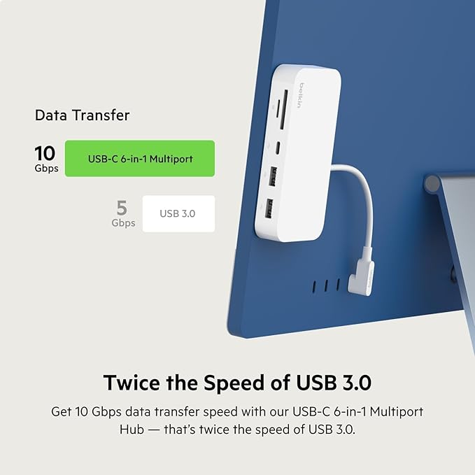 Belkin USB-C 6-in-1 Multiport Hub with Mount, USB-C Docking Station with MicroSD Card Reader, Powered USB Hub, Compatible with MacBook, Chromebook, iMac, PC, and Other USB-C Devices - White