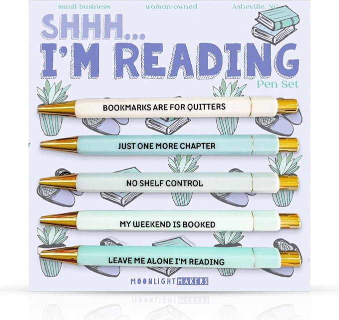 Moonlight Makers Funny Pens and Notepad Stationery Set - Set of 5 Shhh I'm Reading Engraved Ballpoint Pens with Black Ink, To Do Or Not To Do Notepad, Cute Desk Supplies & Funny Work Gifts for Women