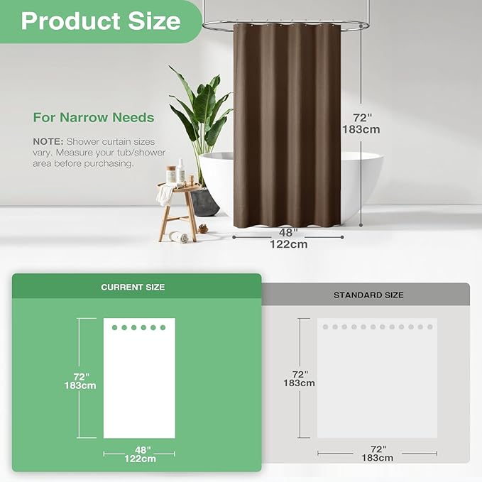 Dynamene Stall Fabric Shower Curtain - 48 inch Wide Waffle Weave Weighted Thick Cloth Shower Curtains for Bathroom, Neutral Heavy Duty Hotel Spa Luxury Bath Curtain Set with 8 Hook, 48x72, Brown