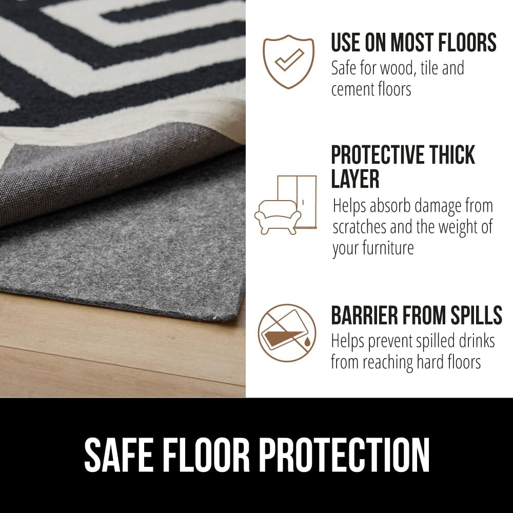 GORILLA GRIP Felt and Natural Rubber Stay in Place Slip Resistant Rug Pad, 1/8in Thick, 8x11 FT Protective Padding Under Area Rugs, Cushioned Gripper Pads, Carpet Runners, Hardwood Floors Protection