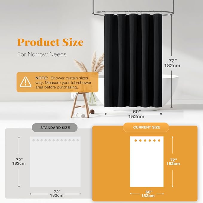 BTTN 60 Inch Stall Fabric Shower Curtain - Linen Textured Weighted Water Repellent Shower Curtain Set with 10 Plastic Hooks, Narrow Spa Luxury Curtains for Bathroom Showers and Bathtubs(60x72, Black)