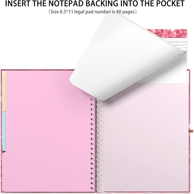 Rimilak Spiral Clipboard Folio with Refillable Lined Notepad, 14.5 x 9.8 In, Hardcover Cover with 5 Interior Pockets, Elastic Band and Pen Loop Series. Cute Stylish Clipfolio, Work Hard