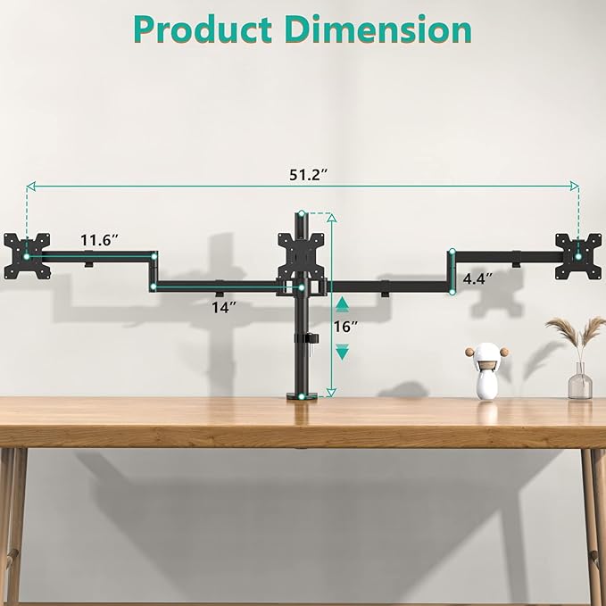 WALI Triple Monitor Mount, 3 Monitor Desk Mount for 13-27 inch Computer Screens, Holds up to 22 lbs, Triple Monitors Stand for Desk, with Tilt, Swivel, Rotation, VESA 75/100mm (M003S), Black