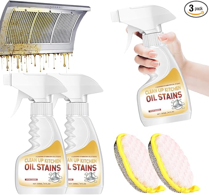 Heavy-Duty Kitchen Degreaser Foam Cleaner, Powerful Kitchen Degreaser Spray & Dual Side Scrub Sponge Set Grease Remover for Stove Range Hood (3, Standard)