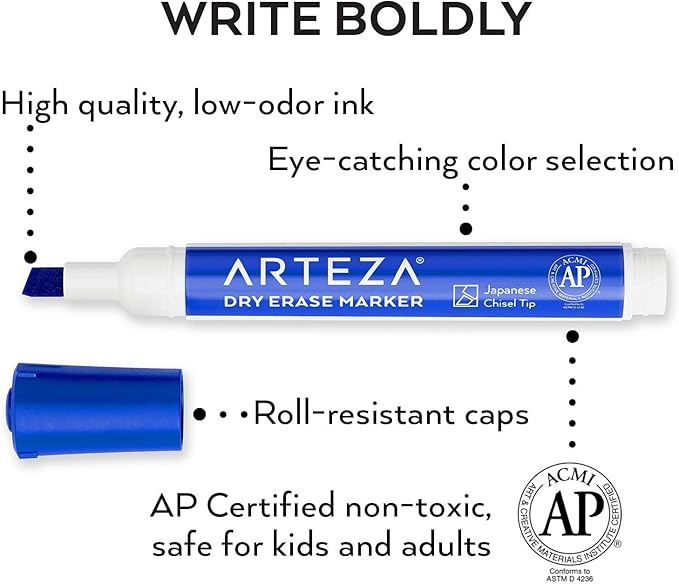 ARTEZA Dry Erase Markers, Bulk Pack of 36 Blue Whiteboard Markers with Chisel Tip, Low-Odor, Quick-Drying Ink for Office, Meeting Rooms & Home Use