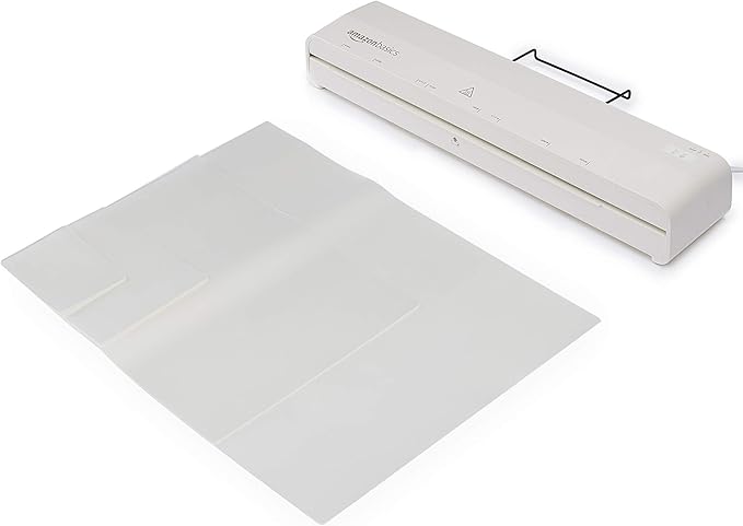 Amazon Basics 12-Inch Thermal Laminator Machine, 1 Min Fast Warm-Up, for Documents Photos, Home/Office/School Use, 20 Pouches Included, White