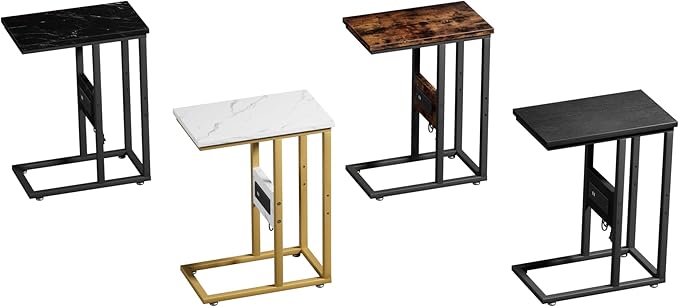 VECELO C Shaped End Table with Charging Station & Power Outlets, Quick Access Side Table for Sofa, C Bedside for Living Room Bedroom 1 Set,Gold
