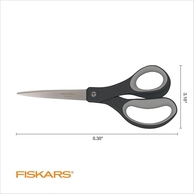 Fiskars 8" Comfort Grip Titanium All Purpose Scissors, Sharp Stainless Steel Blades for Everyday Cutting Tasks, Home, Office, and Arts & Crafts, Gray
