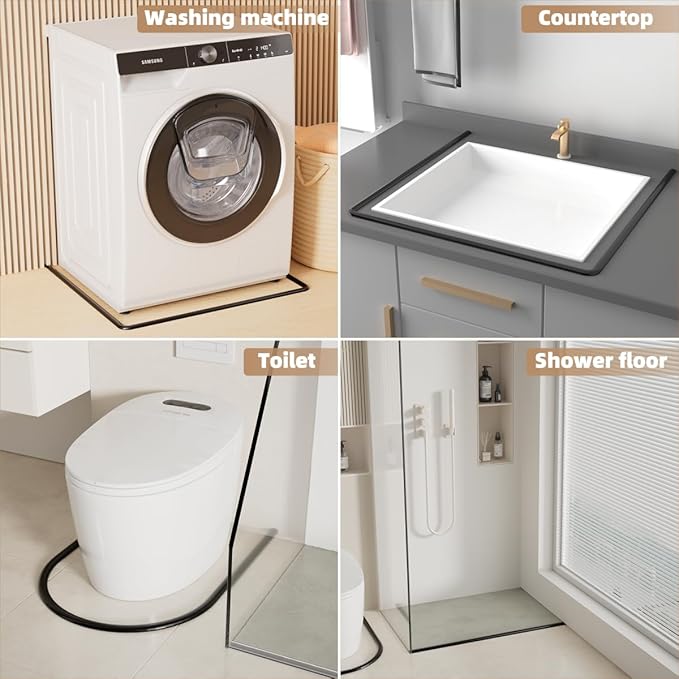 39” Black Shower Threshold Water Dam Stopper for Dry and Wet Separation,Self Adhesive Collapsible Walk in Shower Splash Guard Seal Strip, Silicone Sink Edge Water Barrrier for Bathroom and Kitchen
