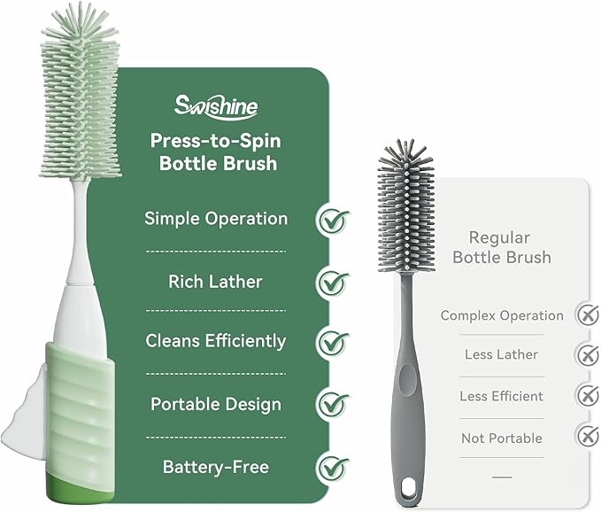 Bottle Brush Set, Innovative Efficient Press-to-Spin Brush Cleaner - Includes Silicone Baby Bottle Brush, Nipple Brush, Straw Cleaner - Spinning Generates Rich Foam for Deep Cleaning, Green