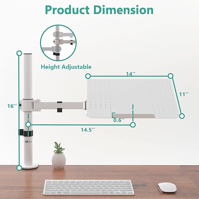 WALI Laptop Desk Mount for 17 inch Notebook, Adjustable Single Monitor Arm with Laptop Holder for 32 inch Screen, Laptops Stand with Ventilated Tray, Up to 22 Lbs, (M00LP-W), White