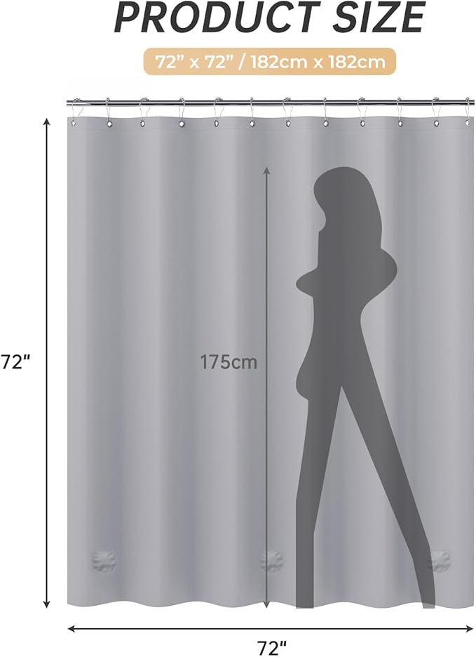 AmazerBath Grey Shower Curtain Plastic, Thick PEVA Shower Curtain Grey, Heavy Duty Shower Curtains for Bathroom, Waterproof Shower Curtain 72x72 with 3 Big Weighted Stones and 12 Rustproof Grommets