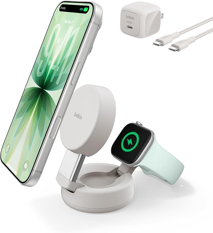 Belkin MagSafe Charger Compatible, 2-in-1 Wireless Charging Station, Qi2.2 25W Convertible Magnetic Charger for iPhone 17, Apple Watch Series 10, Google Pixel 10, and More (45W Adapter Included)