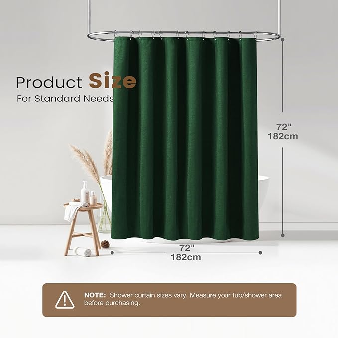 BTTN 3 in 1 Shower Curtain Set, Emerald Green Linen Textured Fabric Shower Curtain and Clear Liner Set with Plastic Hook, Modern Hotel Luxury Weighted Waterproof Shower Curtain for Bathroom, 72x72